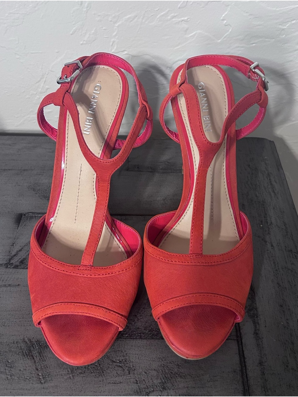 Gianni Bini Coral-Red T-Strap Suede High Heels
